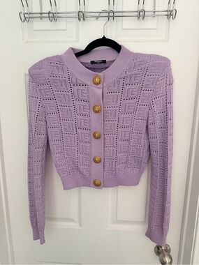 Balmain Lavender Openwork Knit Cropped Cardigan with Gold Buttons